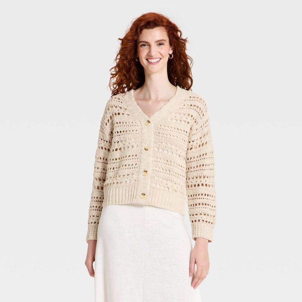 Women's Openwork Cardigan Sweater - Universal Thread Cream XL